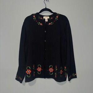 BECHAMEL Black Embroidered Floral Button Front‎ Cardigan Sweater Women's XL